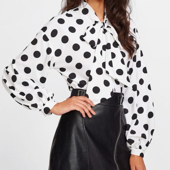 Tops - BLOUSE Bow Tied Neck Lantern Long Sleeve Polka Dot Tops - BLOUSE Bow Tied Neck Lantern Long Sleeve Polka Dot